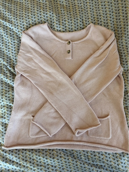 Sweaters - Light Pink Cotton Knit Sweater with Front Pockets and Button Detail